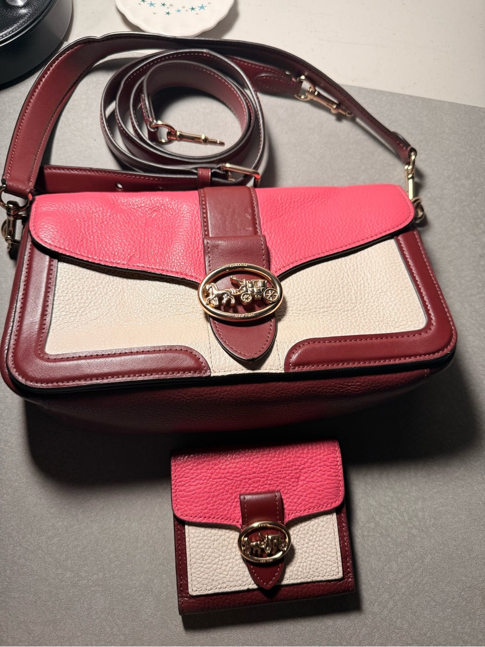 Coach Pink, Cream & Burgundy Leather Flap Crossbody with Coin Pouch